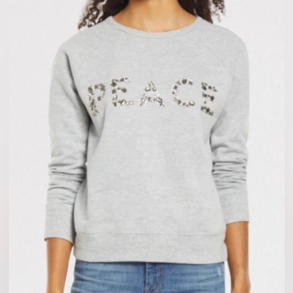 Caslon Sweatshirt in Heather Grey Peace Graphic Embellished Pullover Size Large
